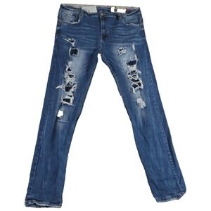 Industrial Indigo Men Jeans 34 Distressed Blue Denim Masonry Slim Straight Shred